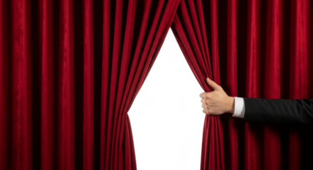 Red curtains opening a hand pulling