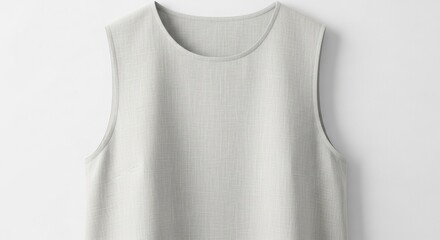 Minimalist sleeveless top in soft gray fabric on plain background, modern fashion flat lay.