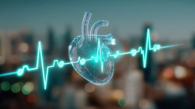 Heart rate monitoring technology revolutionizes healthcare in urban environments infographic displaying vital signs and data visualization - Powered by Adobe