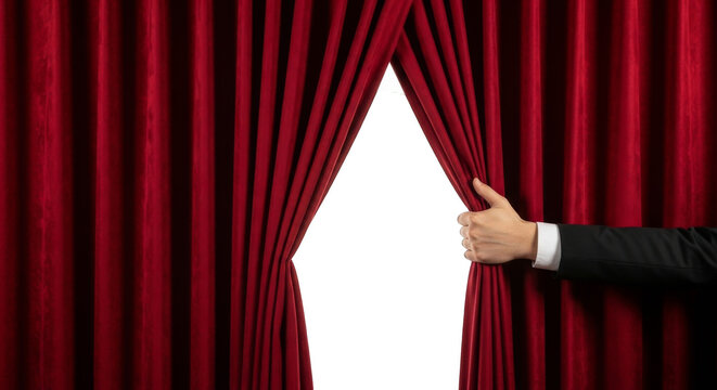 Red curtains opening a hand pulling