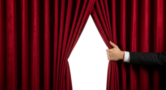 Red curtains opening a hand pulling