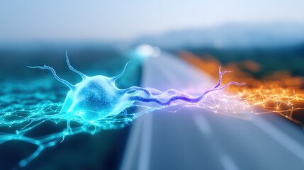 Neural connections expressing information flow on a road digital artwork abstract environment futuristic viewpoint science concept
