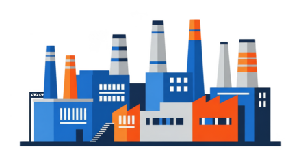 Stylized industrial complex illustration against black