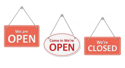 Storefront signs showing open closed messages