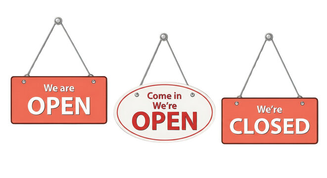 Storefront displays open and closed signs