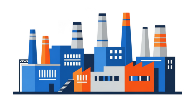 Stylized industrial complex illustration against black