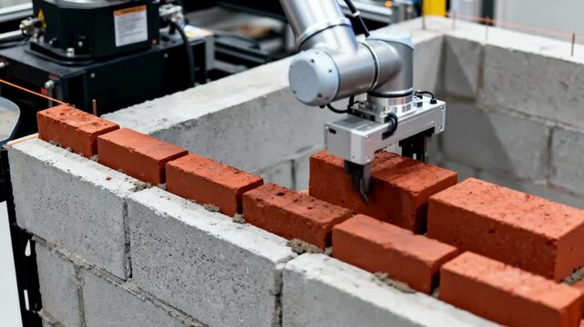 Medium shot showcasing AIguided robotic bricklaying system placing matte red bricks on a building foundation with automated accuracy