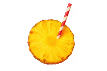 Pineapple slice with red striped straw drinking juice