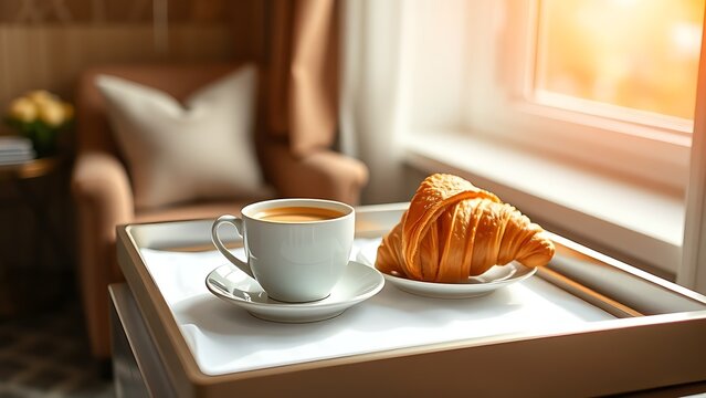 cuo. Hotel breakfast tray with croissant and coffee cup, bathed in morning sunlight. menu design, packaging mockups, designed for food delivery and cloud-kitchen brand materials.