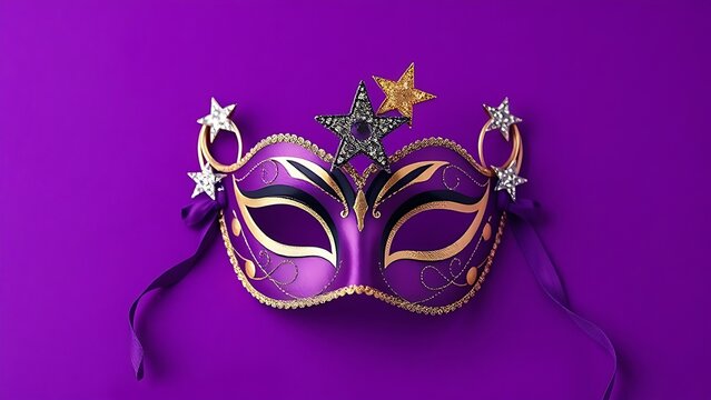 purim. Festive decorative mask with glittering stars on a purple background. event programs, museum guides, designed for cultural heritage projects and event programs, supports education.