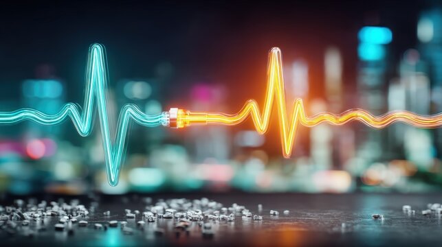 Dynamic heartbeat visualization urban cityscape digital art nighttime aerial view health concept
