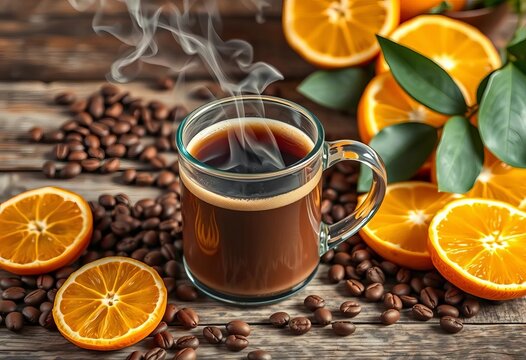 Steaming hot coffee, sliced oranges, & coffee beans on rustic wood,  coffee beans,  rustic