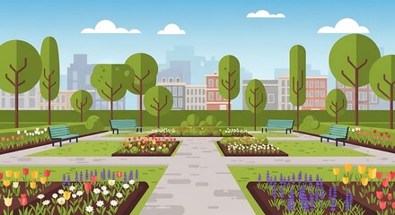 Illustration of a peaceful city park with colorful flowerbeds and benches