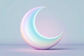 Iridescent crescent moon shape floating on a soft pastel surface isolated on white background