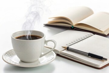 Hot coffee and open books isolated on white background