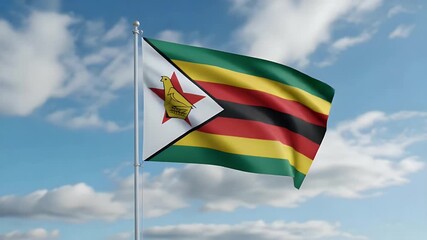 Zimbabwe flag waving proudly in the wind against a bright blue sky with fluffy clouds, representing national pride and identity