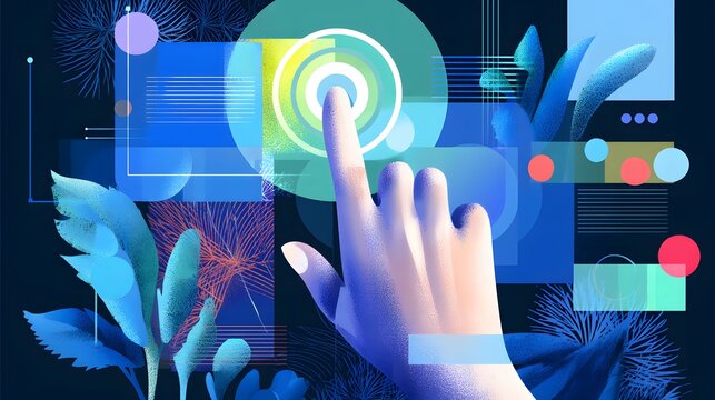 Human hand touching a digital interface with finger, represented abstractly with vibrant blue and green colors, geometric shapes, and nature-inspired elements in a modern, creative illustration.