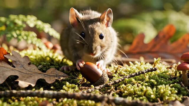 A whimsical forest scene featuring three mice enjoying snacks amidst lush green grass, mushrooms, and moss, capturing the rustic charm of a woodland setting perfect for editorial, commercial.