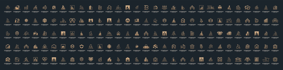 Set of gold building logo design inspiration. Golden real estate apartment logo icon vector. Elegant city skyline residential logo template.