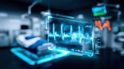 Advanced heart monitor technology in hospital icu futuristic digital display medical equipment healthcare environment close-up view patient vital signs visualization