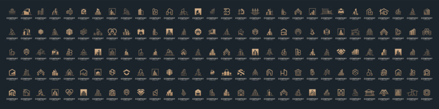 Set of gold building logo design inspiration. Golden real estate apartment logo icon vector. Elegant city skyline residential logo template.