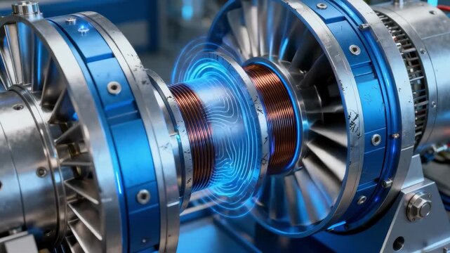 Dynamic footage of hybrid magnetic bearing systems combining permanent and electromagnetic elements to optimize turbine rotation and reduce wear.