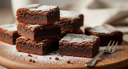 Fudgy chocolate brownies stacked with powdered sugar on wooden board and fork beside.