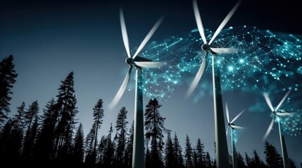 Renewable energy innovations wind turbines in forested landscapes digital connectivity night atmosphere aerial perspective eco-conscious future