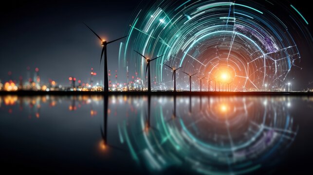 Renewable energy innovation wind turbines urban landscape digital art nighttime environment futuristic viewpoint
