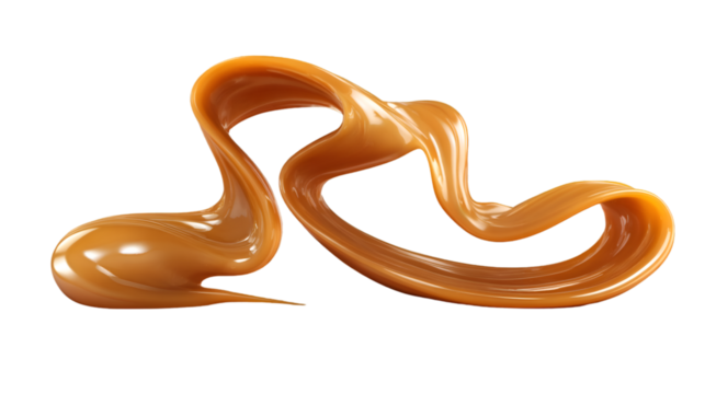 Abstract flowing caramel or toffee liquid sculpture with glossy texture against a dark background