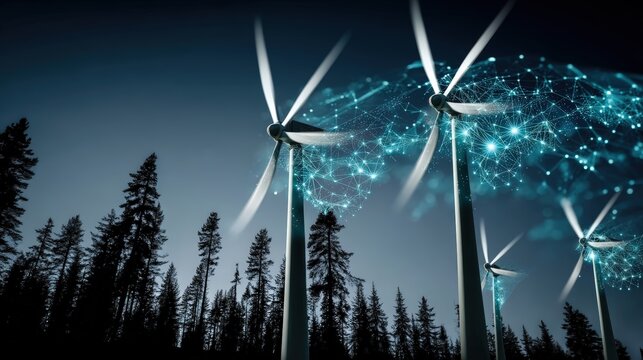 Renewable energy innovations wind turbines in forested landscapes digital connectivity night atmosphere aerial perspective eco-conscious future - Powered by Adobe