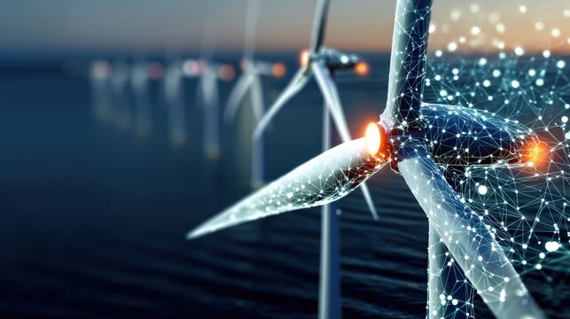Harnessing renewable energy wind turbines at dawn coastal landscape digital art futuristic viewpoint sustainable innovation