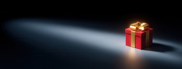 Elegant red gift box with golden ribbon bow on dark gradient background. Christmas present packaging with dramatic lighting and luxury design.