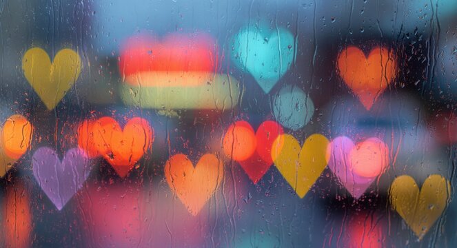 Romantic colorful hearts and raindrops on window glass. Valentine's day love concept with dreamy bokeh background and water droplets. - Powered by Adobe