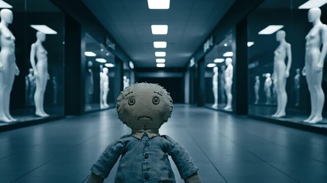 Creepy doll in the empty corridor of a commercial building with mannequin figures