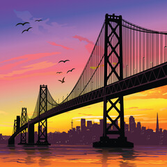 Sunset at san francisco bay bridge vector illustration