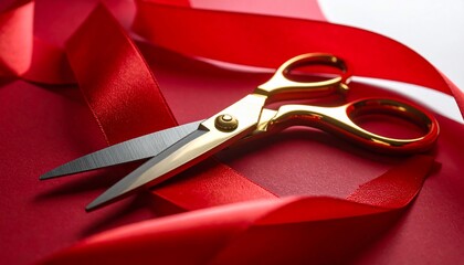 Close-up of golden scissors cutting a vibrant red ribbon signifying a grand opening or event
