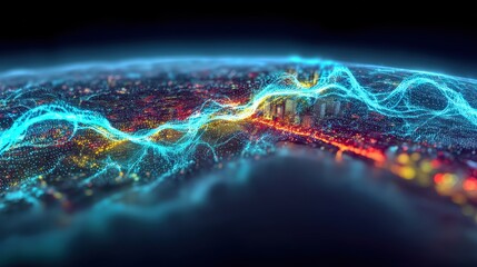 Dynamic energy waves over a vibrant cityscape at night digital art futuristic environment aerial view concept of connectivity