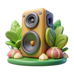 Stylized 3d speaker surrounded by lush green leaves and colorful pods isolated on white background
