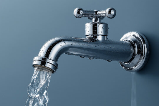 A chrome outdoor faucet with a cross handle, wet with droplets, is shown running a strong stream of clear water. It symbolizes essential resources, freshness, sustainability, purity.