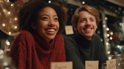 Joyful diverse couple laughing together during a cozy winter dinner party, a heartwarming celebration of Festivus in USA