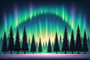 Vibrant aurora borealis dances above a snowy forest landscape