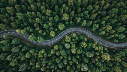 Aerial view of winding road through dense, lush green forest canopy, evoking a sense of journey and serenity