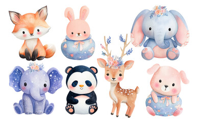 Fototapeta premium Adorable watercolor animals: fox, rabbit, elephant, panda, deer, and bear on transparent background