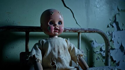 Creepy doll on a bed in a dilapidated room low key lighting