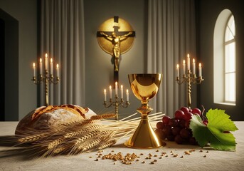 Fototapeta premium Sacred communion elements with golden chalice, bread, grapes, wheat, and candles before crucifixion