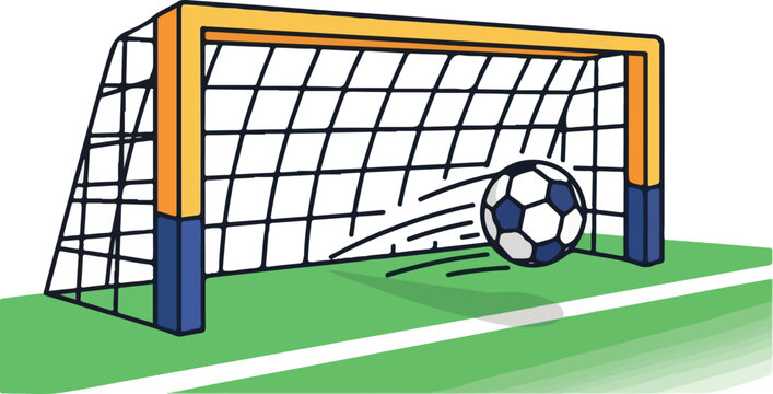 Illustration of a soccer ball hitting the goalpost and rolling across the green field with white lines in front of a yellow and blue soccer goal, with a plain white background.