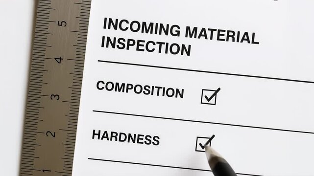 Incoming material inspection checklist for industry manufacturing quality control composition and hardness assessment with ruler pen measurement tools
