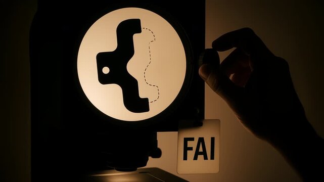 Industrial manufacturing quality control inspection of automotive brake caliper silhouette with technician hand adjusting film projector pad