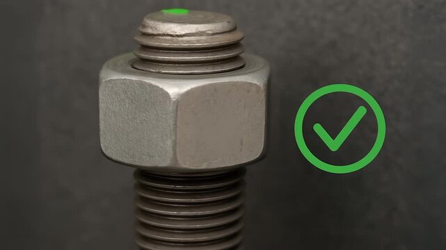 Industrial manufacturing quality control inspection of threaded fastener with green marker and approval icon bolt with painted inspection line